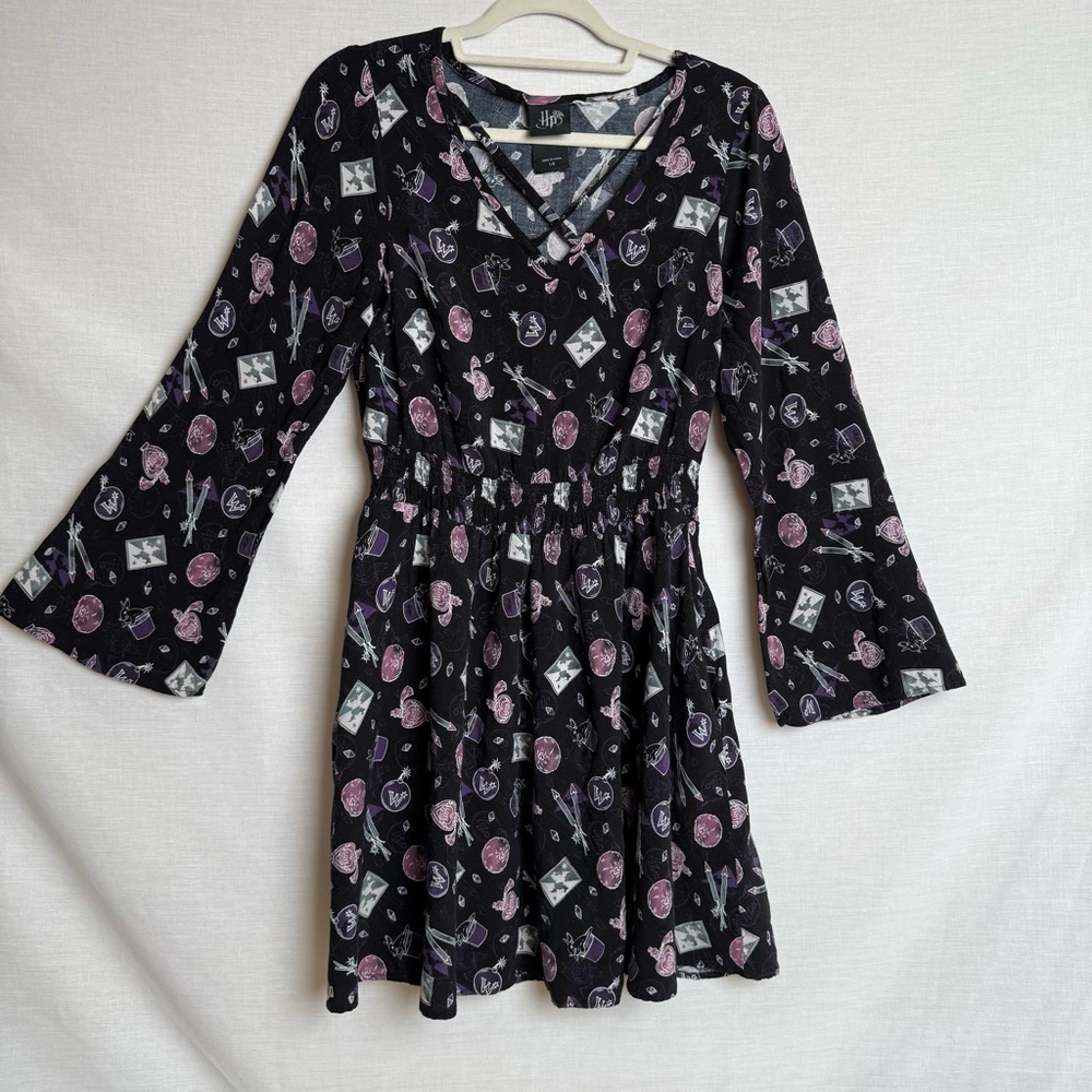 Harry Potter Spell Print Dress Women’s L – Black Bell Sleeve Skater Style